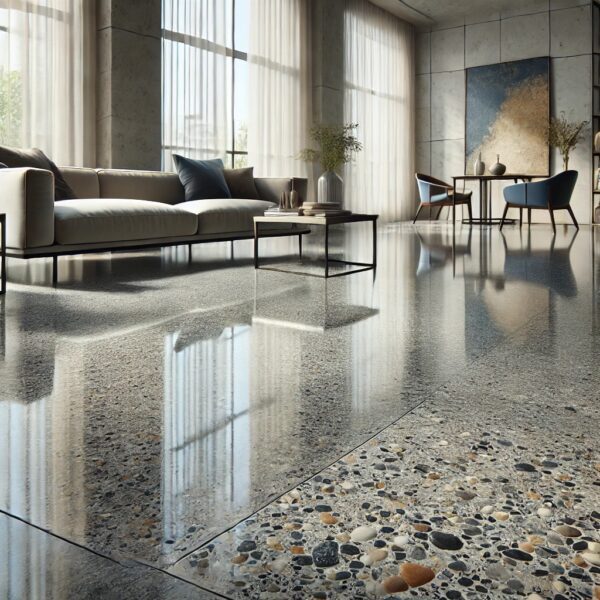 Polished concrete floor with exposed aggregate